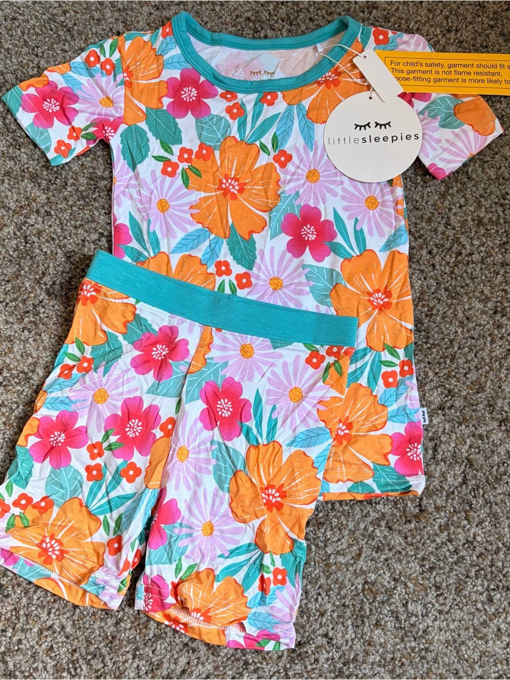 Little Sleepies Girls' Beachy Blooms Short Pajama Set in Orange & Pink